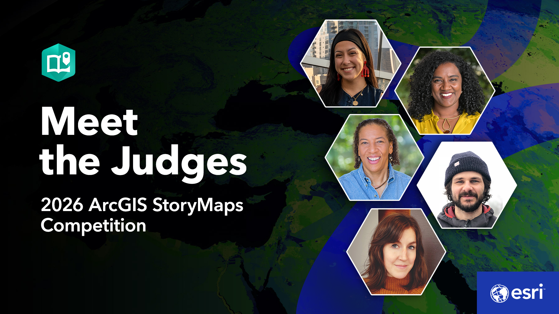A rectangular card with a collage of five people in geometric shapes and with the words Meet the Judges, 2026 ArcGIS StoryMaps Competition