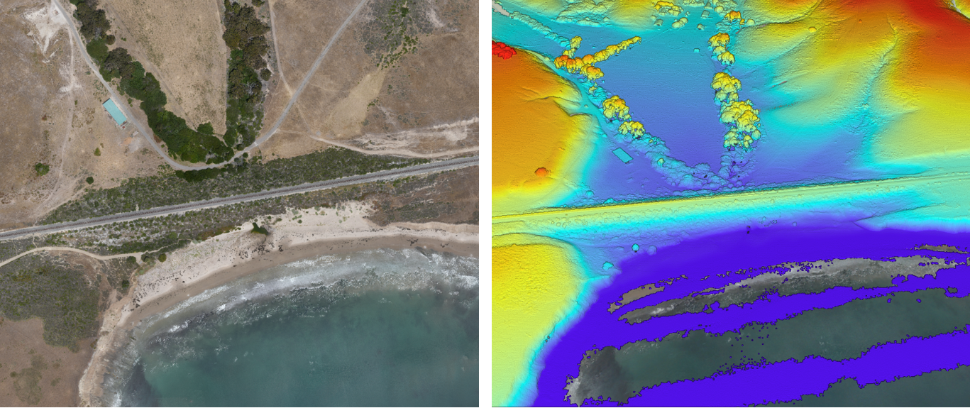 Screenshot: True orthophoto (left) and Lidar point cloud (right) displayed over a portion of the railroad corridor.