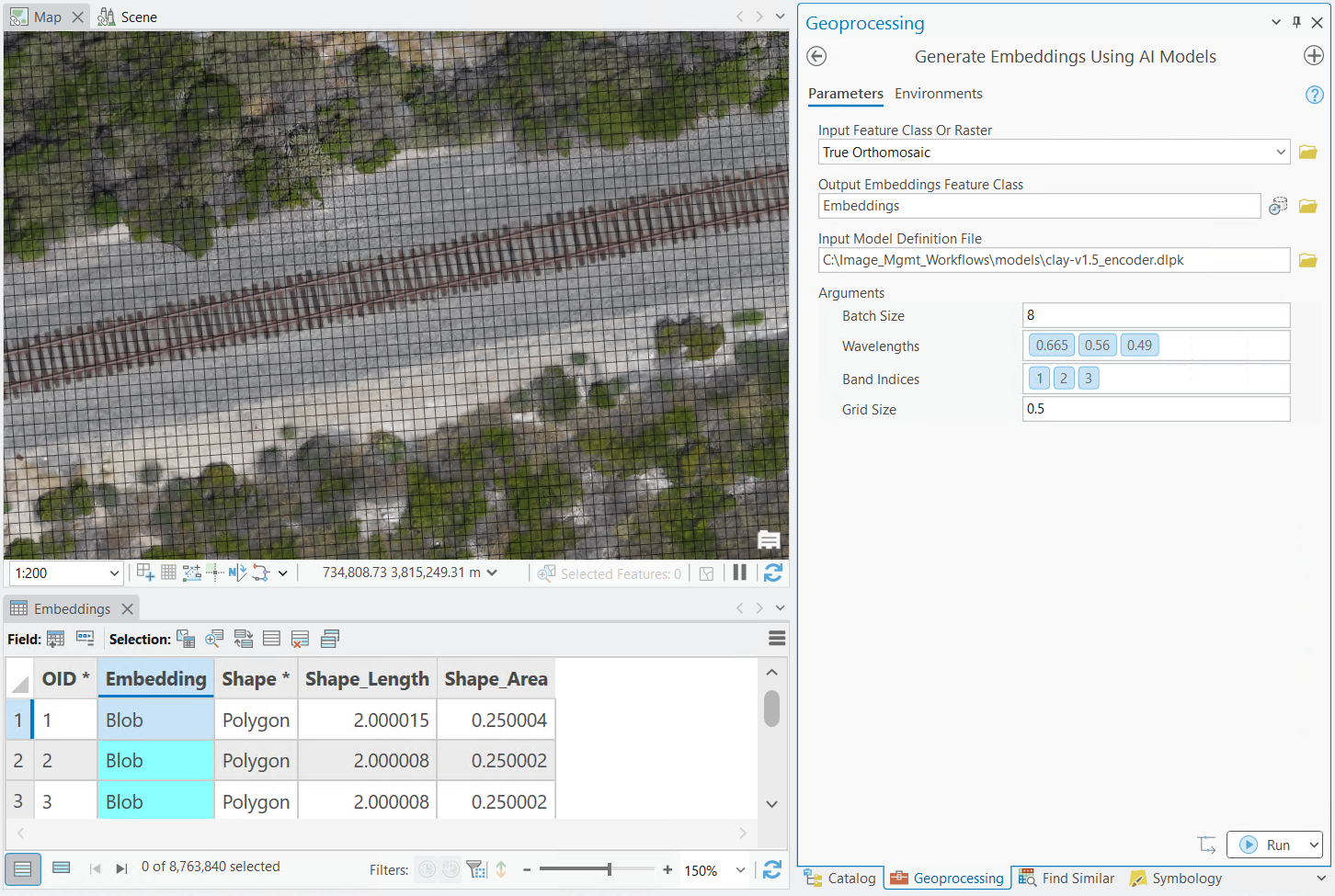 Screenshot: Embedding tool parameters and the resulting embedding feature.