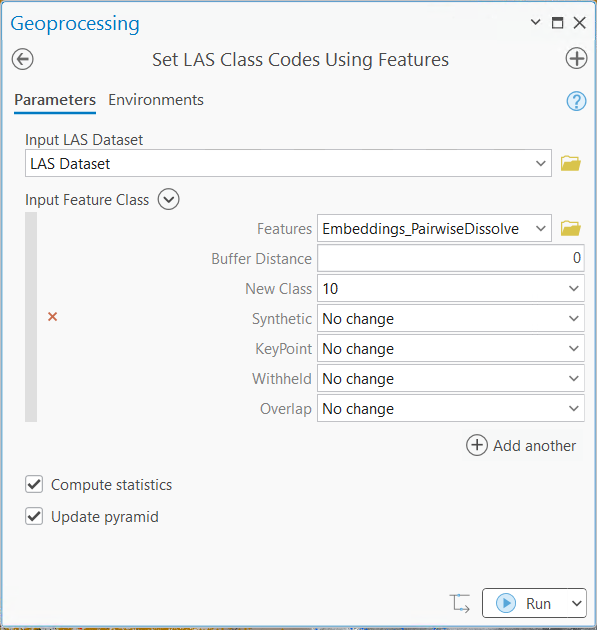Screenshot: Set LAS Class Codes Using Features geoprocessing tool parameters.