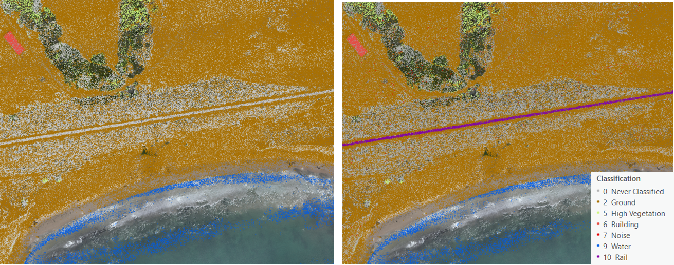 Screenshot: Final railroad class shown in the point cloud, with a before (left) and after (right) comparison.