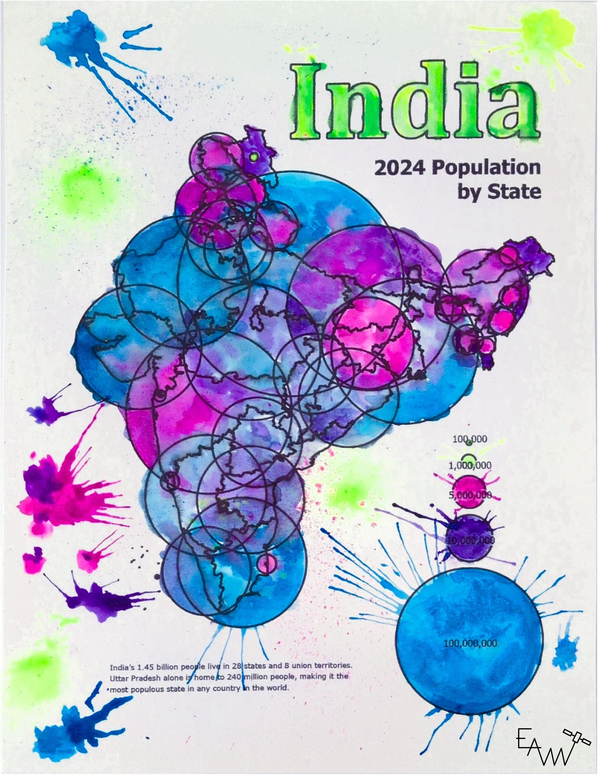 A detailed map coloring page painted in a vivid, multicolored watercolor palette inspired by Holi, the Festival of Colors.