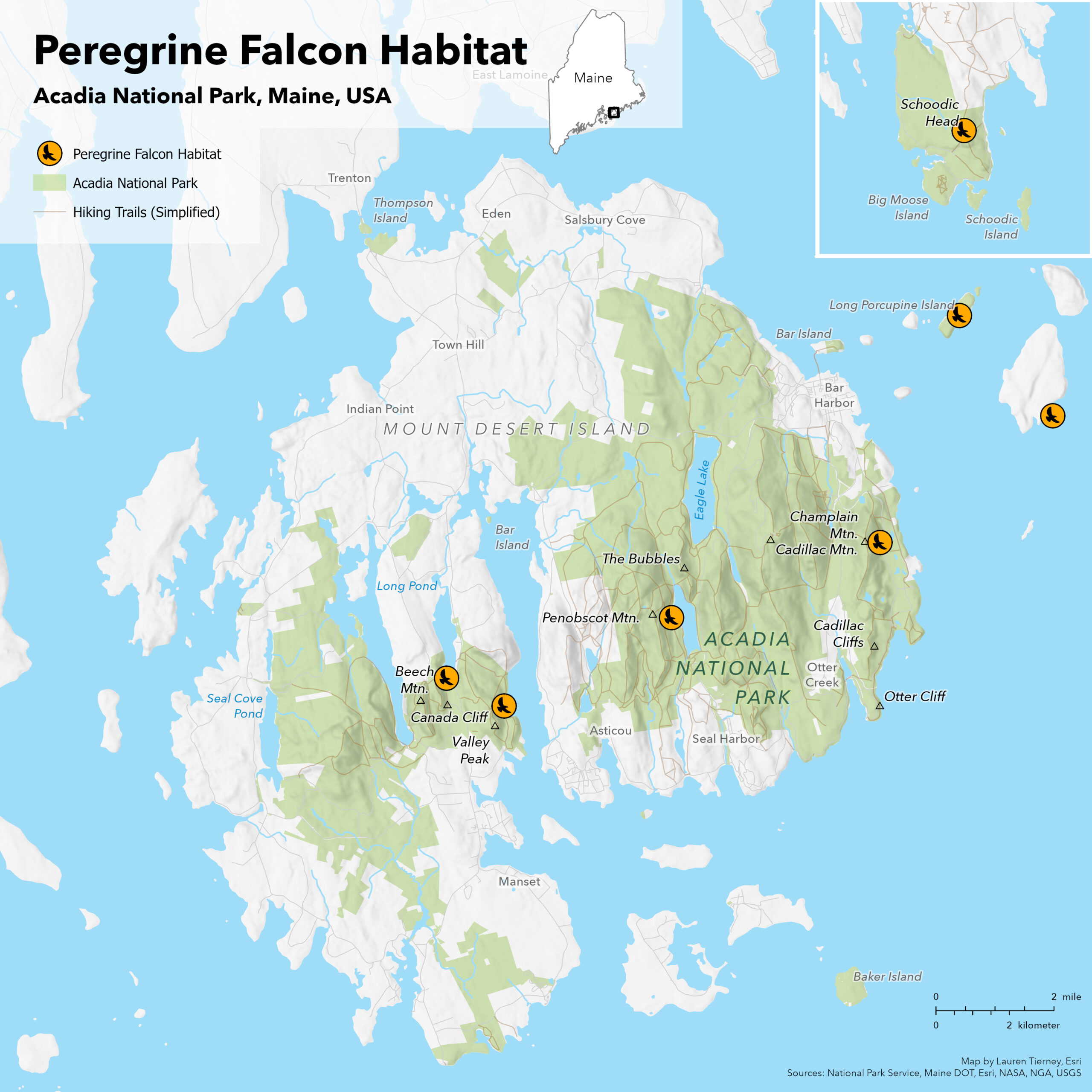 Map of peregrine falcon habitat in Acadia National Park