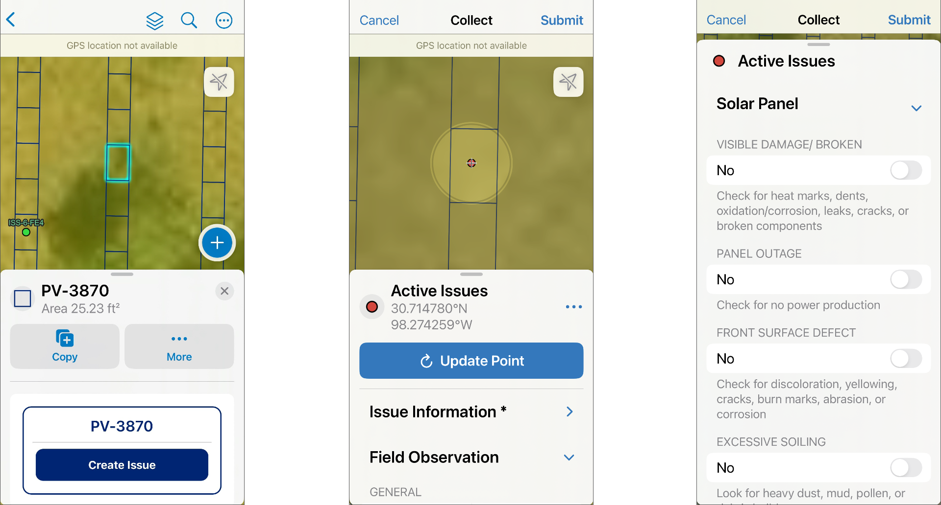 ArcGIS Field Maps mobile workflow showing a selected solar panel, creation of an issue at the panel location, and a form for documenting solar panel conditions.