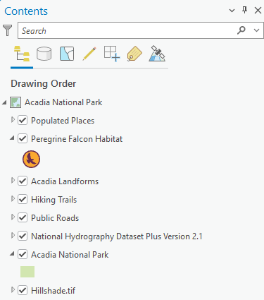 An image of the Contents Pane in ArcGIS Pro, with a list of layers used in the Acadia National Park map