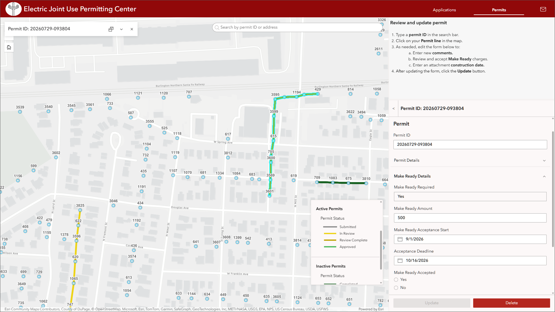 App displaying a map with electric poles and an active permit route selected, showing a permit form to coordinate Make Ready information between utility and attachment owner.