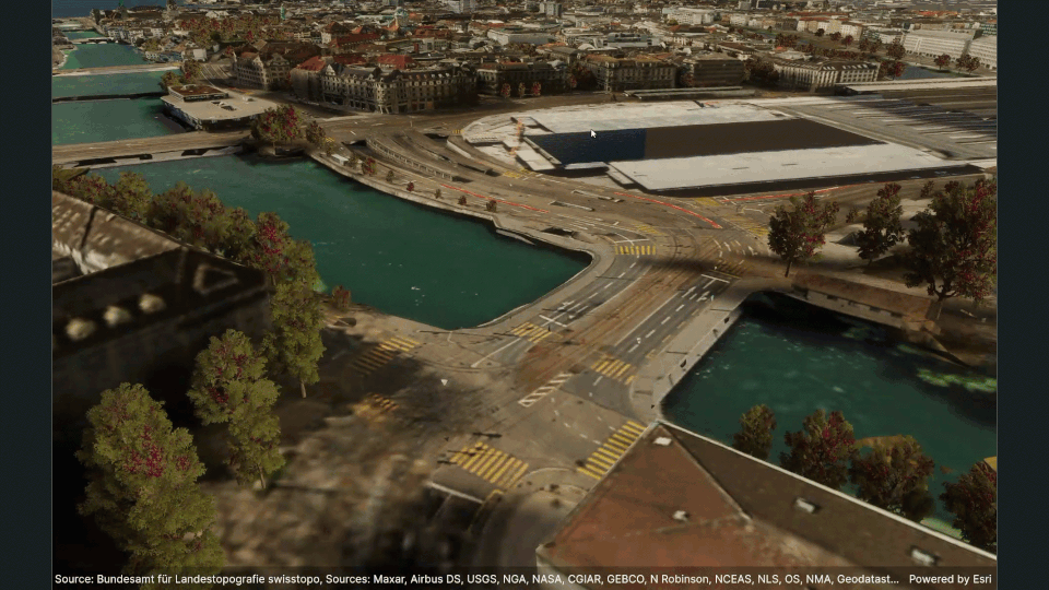 3D geospatial city model showing detailed buildings, roads, bridges, and waterways rendered in a game engine from GIS data.