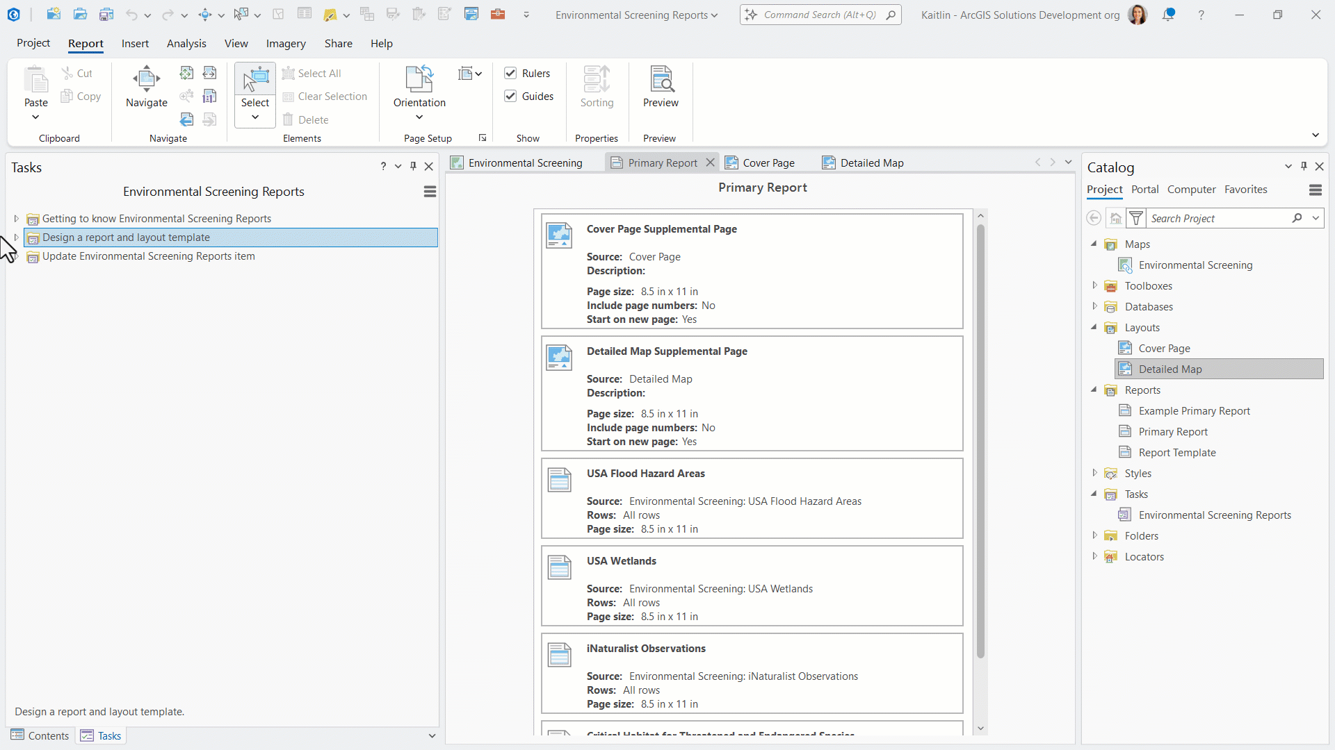 Environmental Screening Reports project in ArcGIS Pro showing guided tasks for designing report templates, layouts, and report sections.
