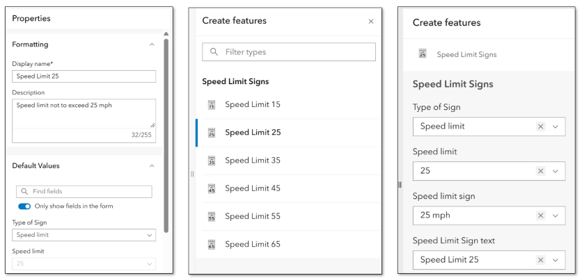 Default values set in templates automatically populate the form when creating new features.