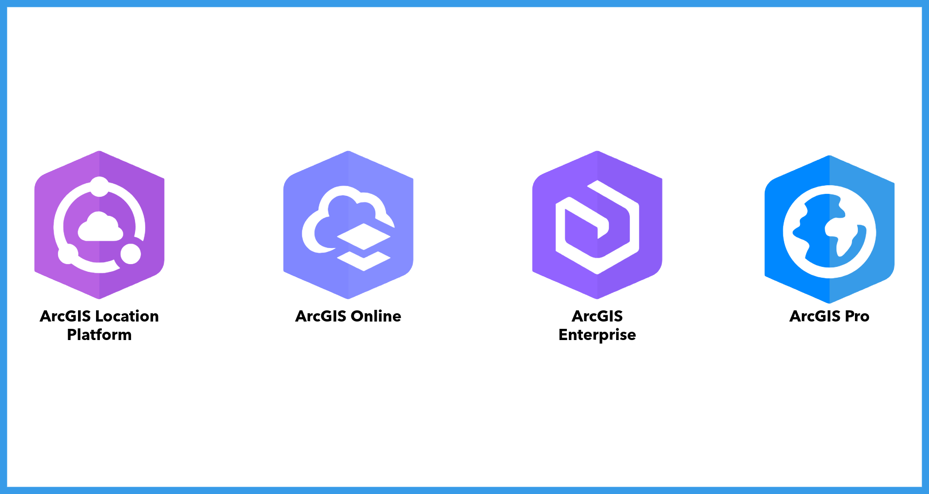 Icons representing ArcGIS Location Platform, ArcGIS Online, ArcGIS Enterprise, and ArcGIS Pro, showing the ArcGIS products and services that support GIS application development.