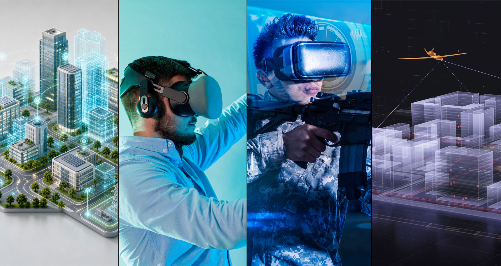 Four-panel collage depicting geospatial applications in game engines: a connected smart city model, a virtual reality experience, a defense simulation, and a 3D digital twin visualization.