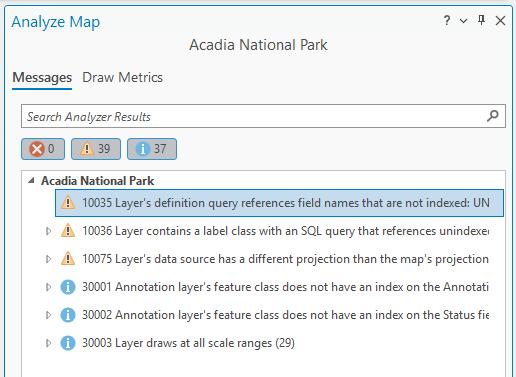 An image of warnings in the Analyze Map pane in ArcGIS Pro