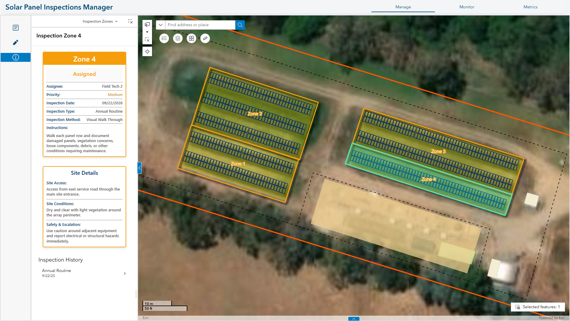 Solar Panel Inspections Manager showing an aerial map of a solar facility divided into inspection zones. Inspection Zone 4 is selected, with assignment, priority, inspection date, instructions, and site details displayed in a side panel.