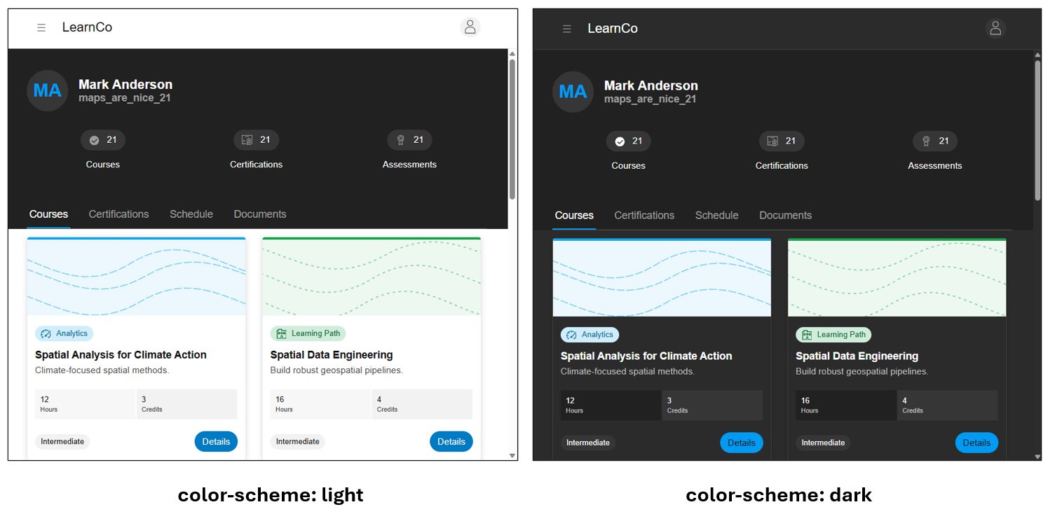 Color scheme displayed in the same app side by side with light and dark where components can also always specify a light or dark color scheme that differs from the root or body, such as the navigation.