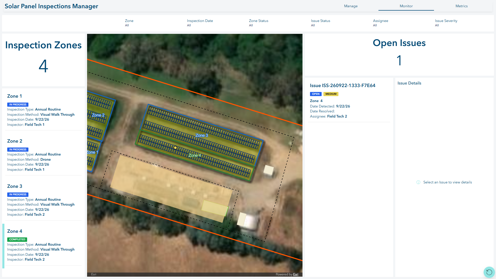 Solar Panel Inspections Manager showing inspection zones on a map alongside inspection status and an open issue.