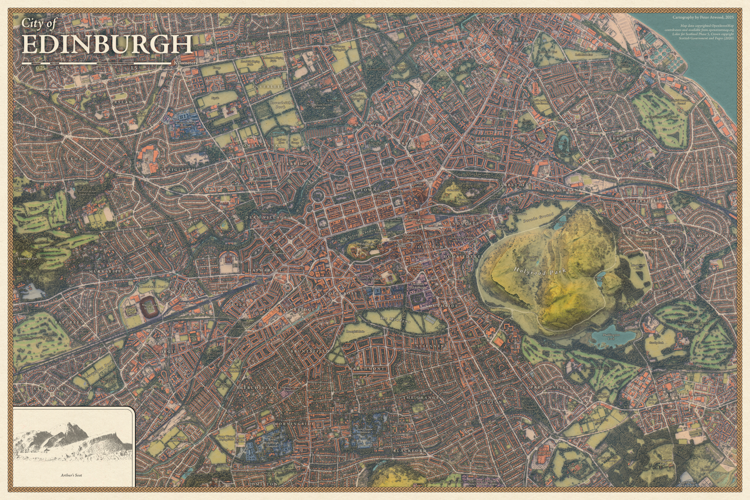 A city map of Edinburgh rendered in a hand-illustrated style, highlighting streets, parks, the coastline, and Holyrood Park.