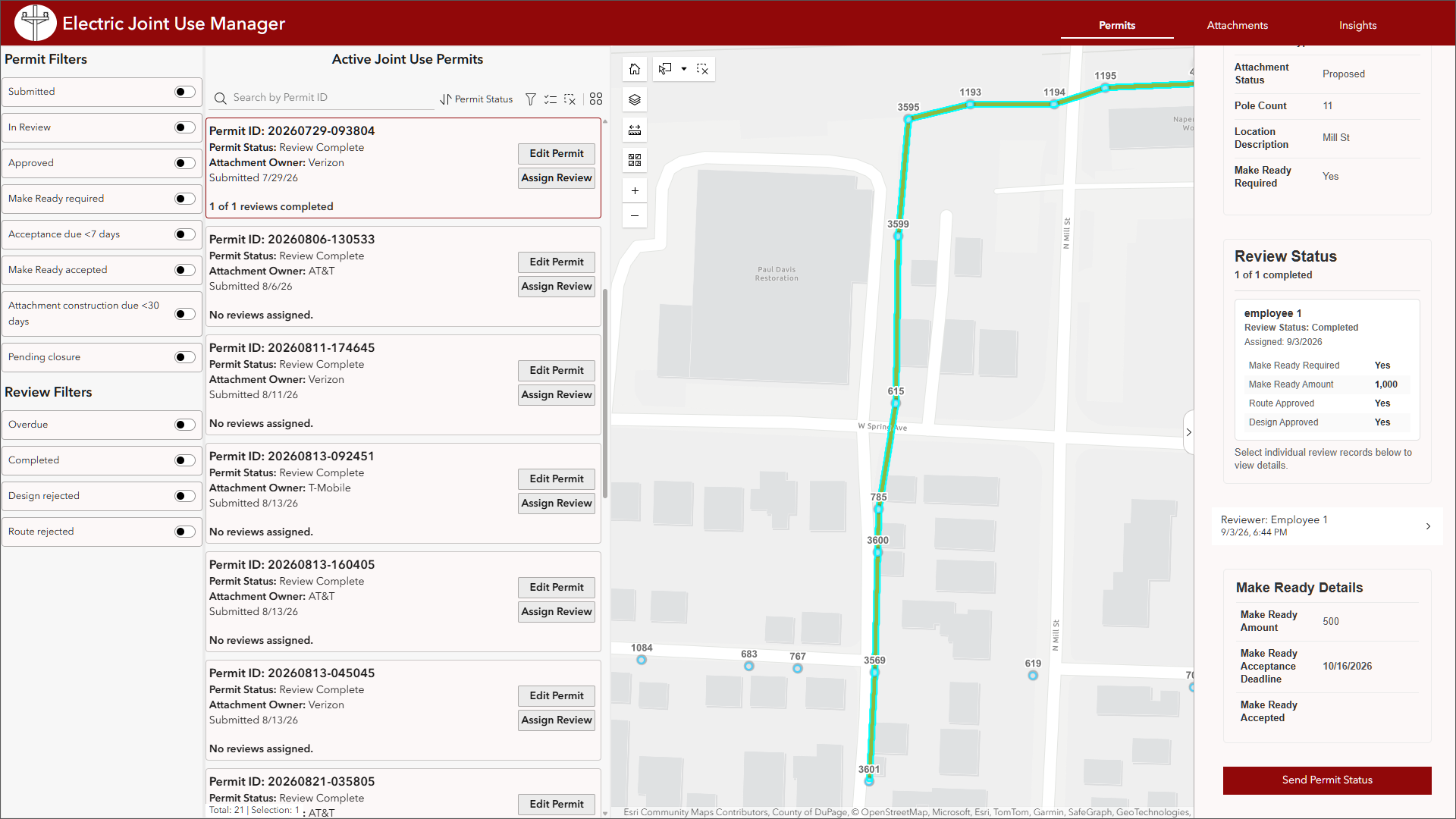 App displaying electric joint use permits with filter controls, a mapped permit route between utility poles, and permit review details and status.