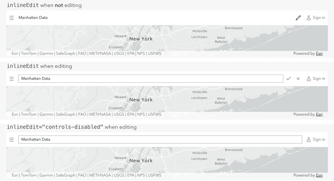 Three Panels with each featuring its own map and header using an inlineEdit Input in default, edit, and edit without controls states.