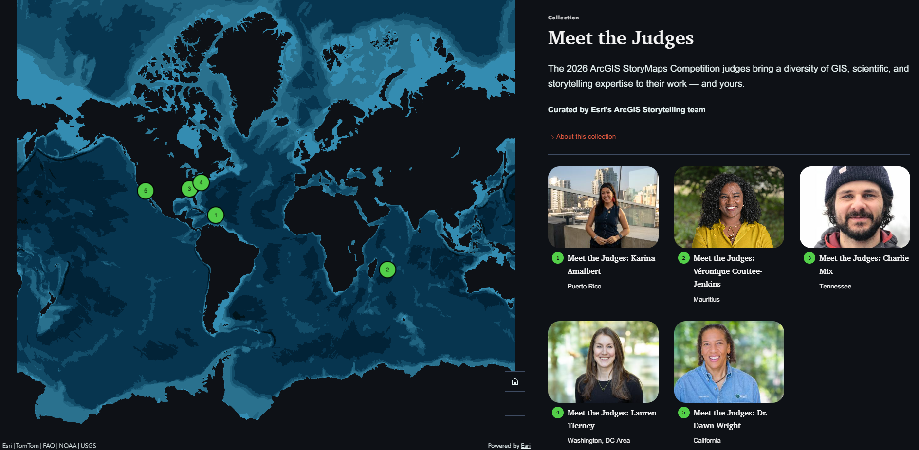 A screenshot of an ArcGIS StoryMaps collection with a map on the left and a collection description with gallery cards on the left