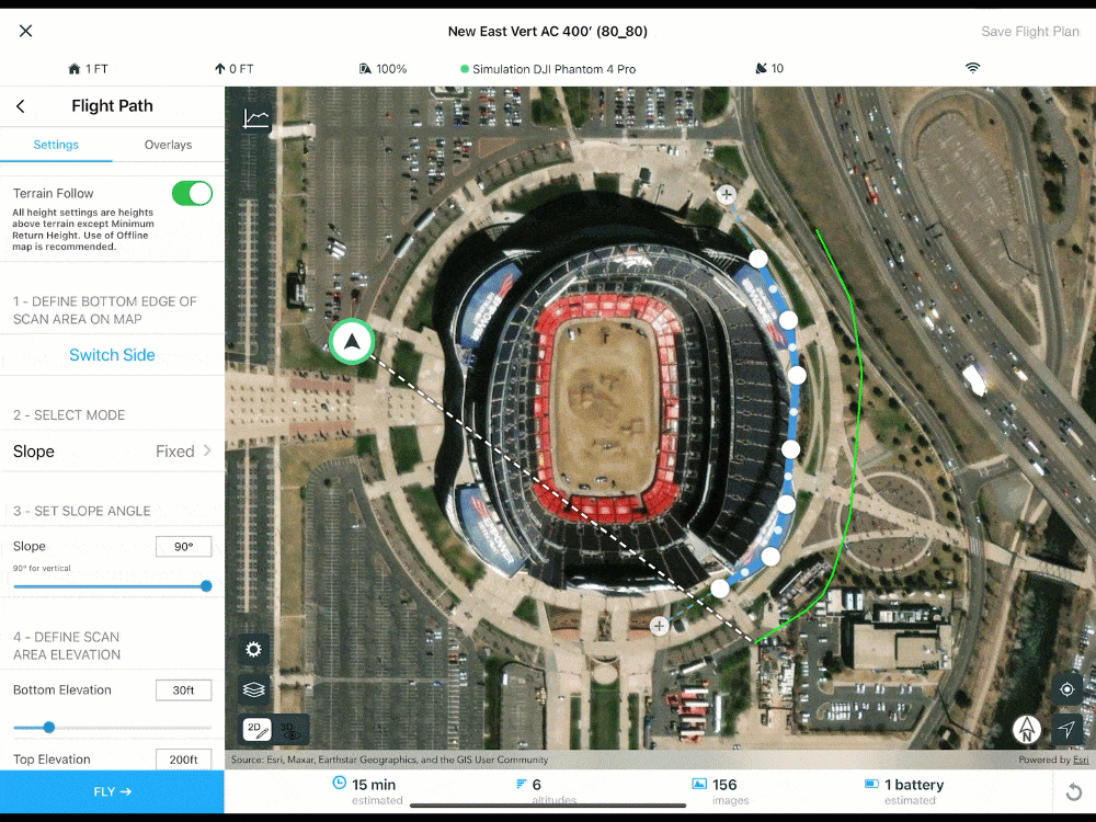 The flight plan in Site Scan Flight covering the unique shape on the side of the stadium. Lidar helps the pilot as a guide to create the plan.