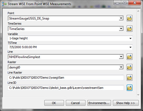 Stream WSE from Point WSE Measurements dialog window.
