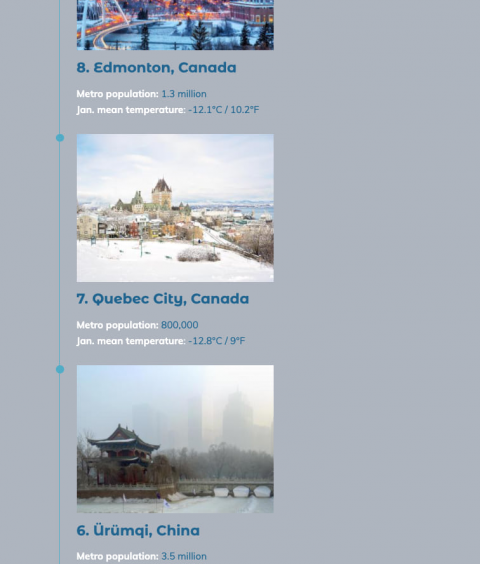 Excerpt from a StoryMaps timeline block depicting a list of the world's coldest big cities Excerpt from a StoryMaps timeline block depicting a list of the world's coldest big cities