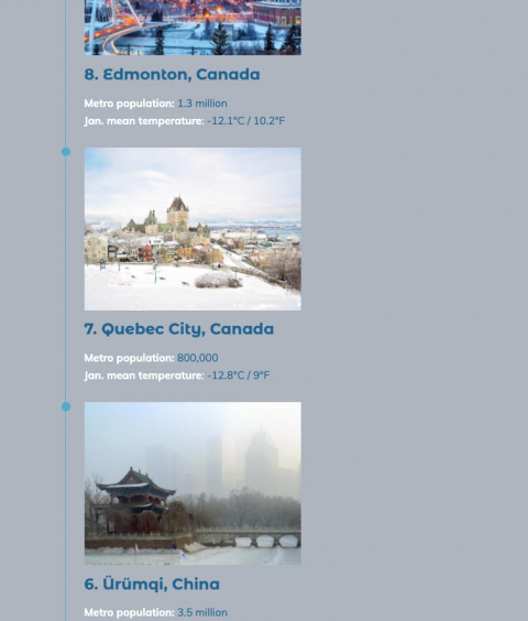 Excerpt from a StoryMaps timeline block depicting a list of the world's coldest big cities