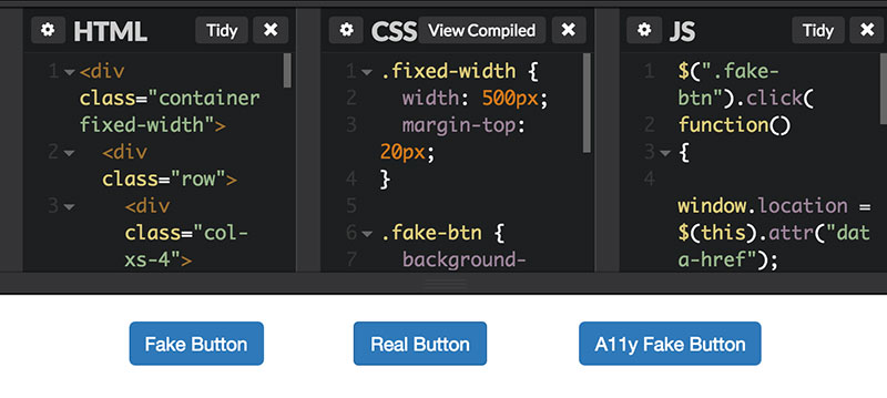 CodePen showing three identical-looking buttons