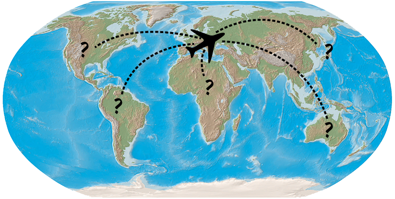 Unlabed world map, question mark in each continent, airplane icon at the center