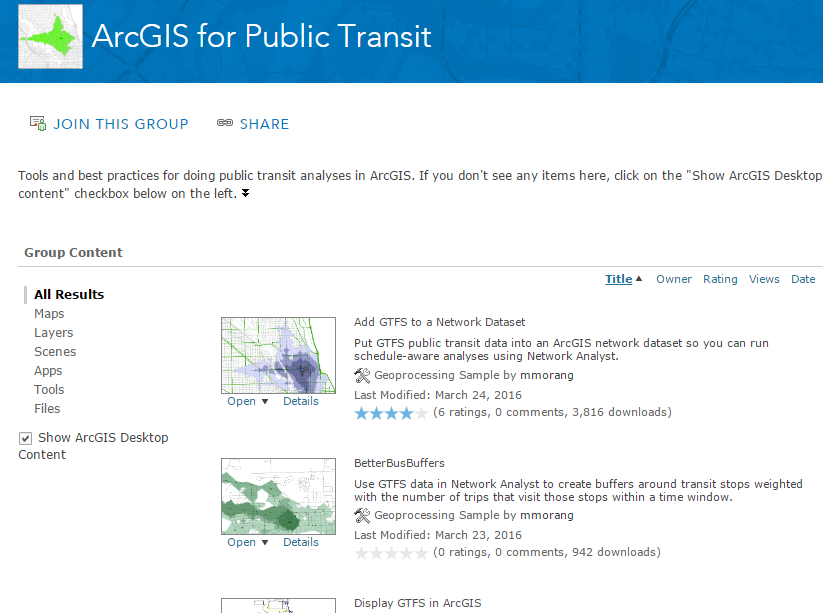 ArcGIS for Public Transit ArcGIS Online group screenshot