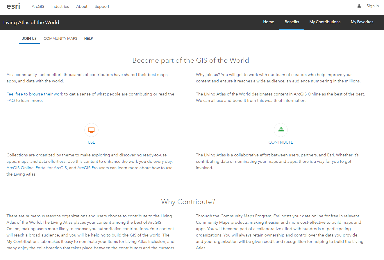 Living Atlas of the World website Benefits tab