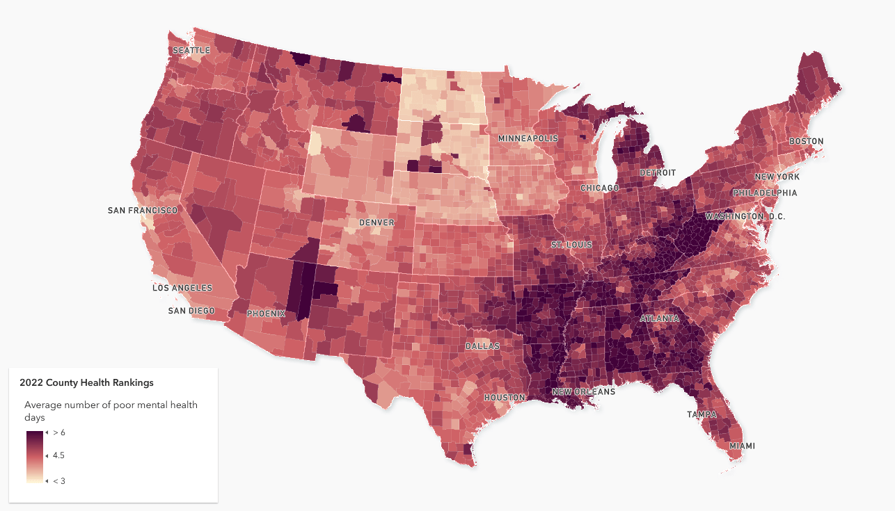 A static map of the continental U.S., with counties color-coded to reflect their populations' rates of mental distress rates in 2022 A static map of the continental U.S., with counties color-coded to reflect their populations' rates of mental distress rates in 2022