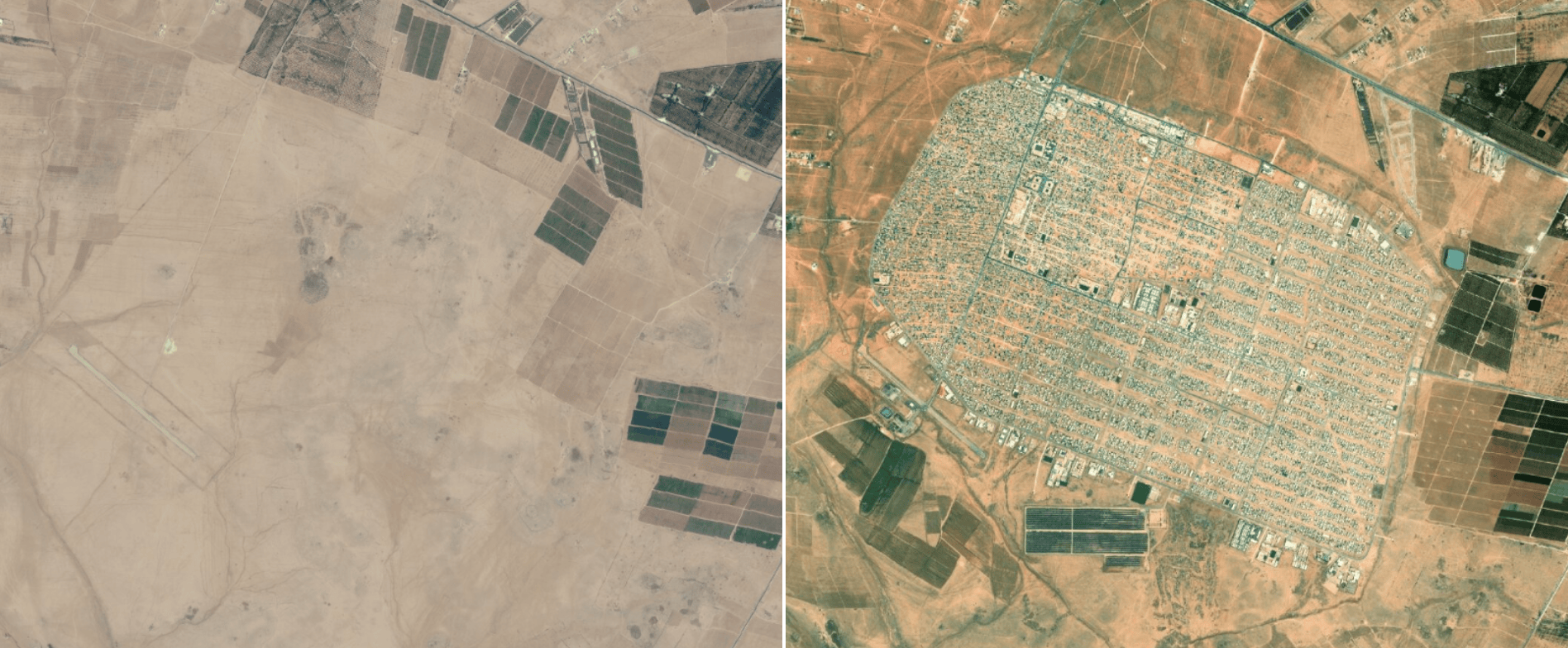 A side-by-side satellite imagery comparison of the Jordanian desert in 2014 (left) and 2022 (right). In 2014, the land is largely barren, but in 2022, a massive refugee camp dominates this area. A side-by-side satellite imagery comparison of the Jordanian desert in 2014 (left) and 2022 (right). In 2014, the land is largely barren, but in 2022, a massive refugee camp dominates this area.