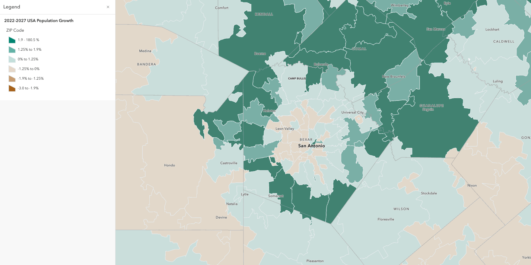 A choropleth map centered on San Antonio, showing expected population change by census tract from 2022-2027. Lighter tracts indicate slower rates of growth (or even population loss); darker tracts show greater rates of growth.