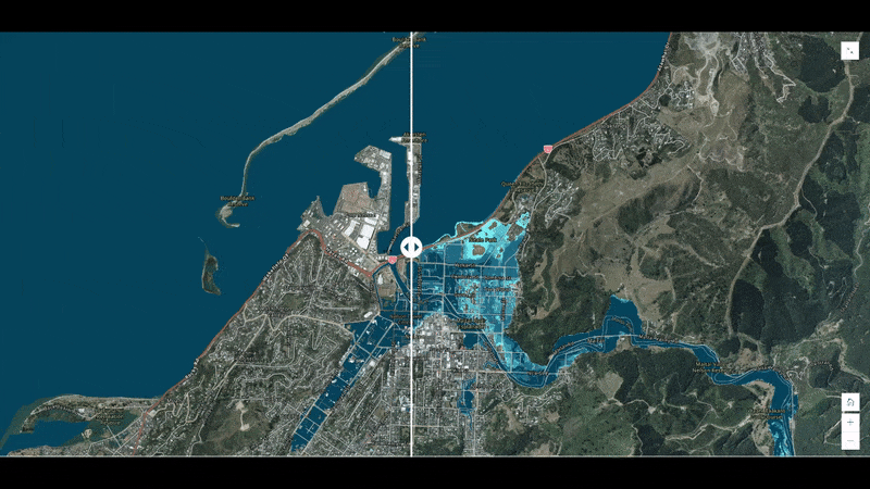 An animated screen recording of a reader using a swipe block to compare a map of a river's water level today (left) with a map of that river's water level in 2130 (right). In the latter map, the water has visibly exceeded the current riverbed. An animated screen recording of a reader using a swipe block to compare a map of a river's water level today (left) with a map of that river's water level in 2130 (right). In the latter map, the water has visibly exceeded the current riverbed.