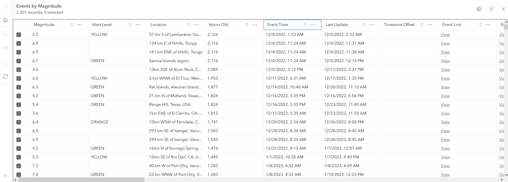 A screenshot of a layer's attribute table, taken in the Map Viewer. The table contains contains multiple date fields, and the "Event Time" field is currently selected. A screenshot of a layer's attribute table, taken in the Map Viewer. The table contains contains multiple date fields, and the "Event Time" field is currently selected.