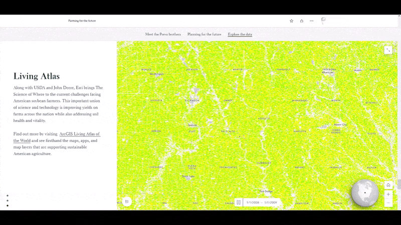Una grabación de pantalla animada de un mapa de cultivos de EE. UU. en una historia.  El widget de animación temporal está activo y el mapa se anima para mostrar los cambios a lo largo del tiempo.