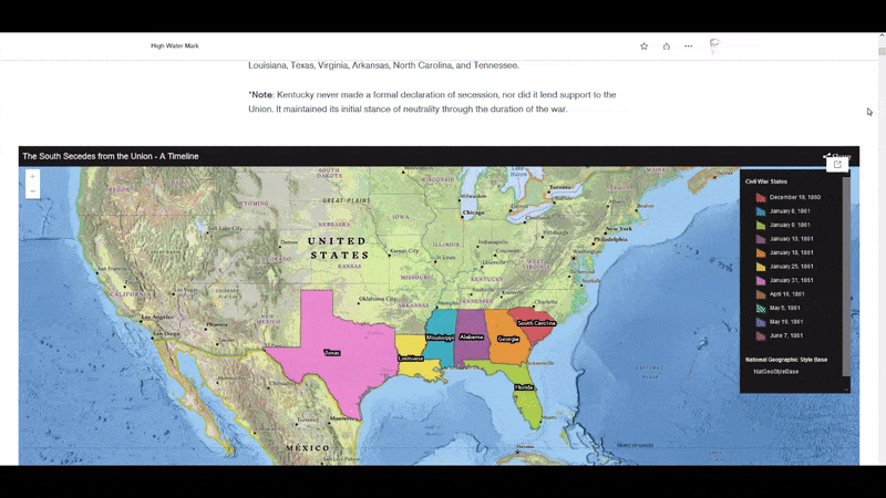 An animated screen recording of a story containing an embedded time-aware app. The app is centered on the U.S. and animates to show the secession of U.S. states prior to the Civil War.