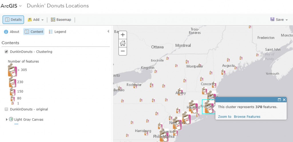 Dunkin’ Donuts Locations layer, with the Dunkin’ Donuts logo used as the symbol.