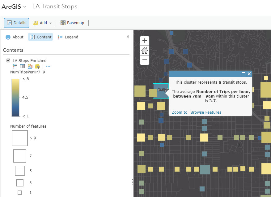 Cluster pop-up showing the average number of transit stops in the layer “LA Transit Stops”.