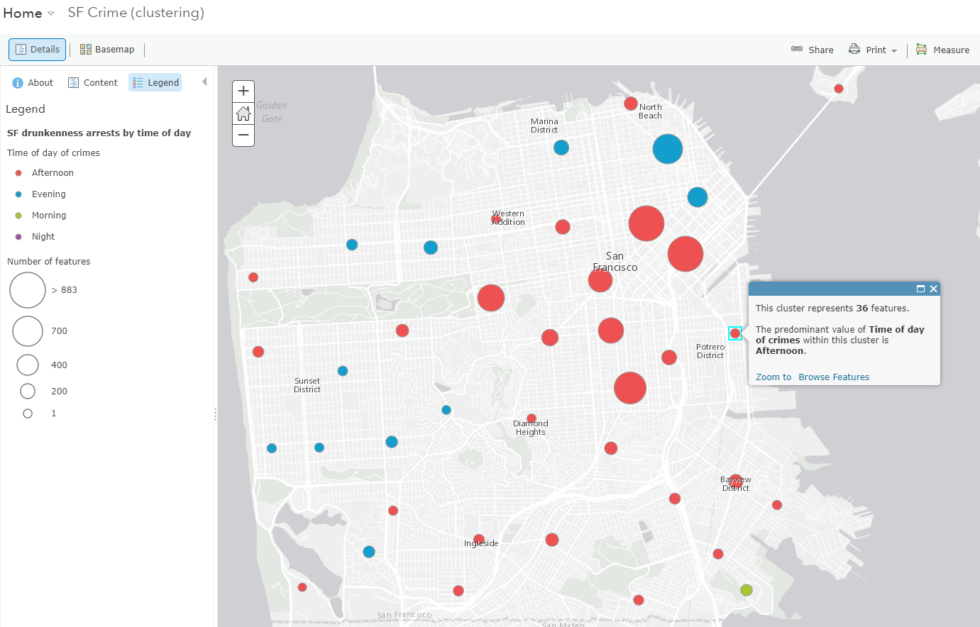 Clustering the layer “SF Crime” using the new “Time of day of crimes” field. Red circles indicate afternoon drunkenness arrests.