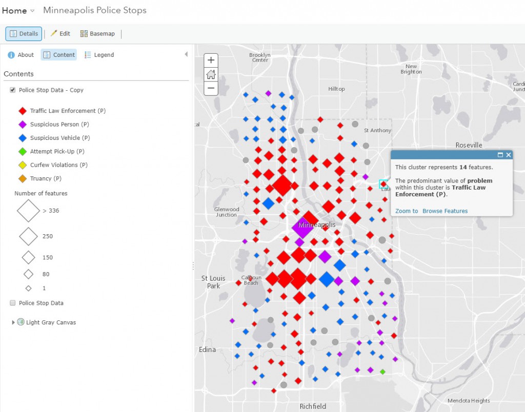 Default pop-up as shown on layer of Minneapolis Police Stops. Red diamonds represent clusters of Traffic Law Enforcement stops.