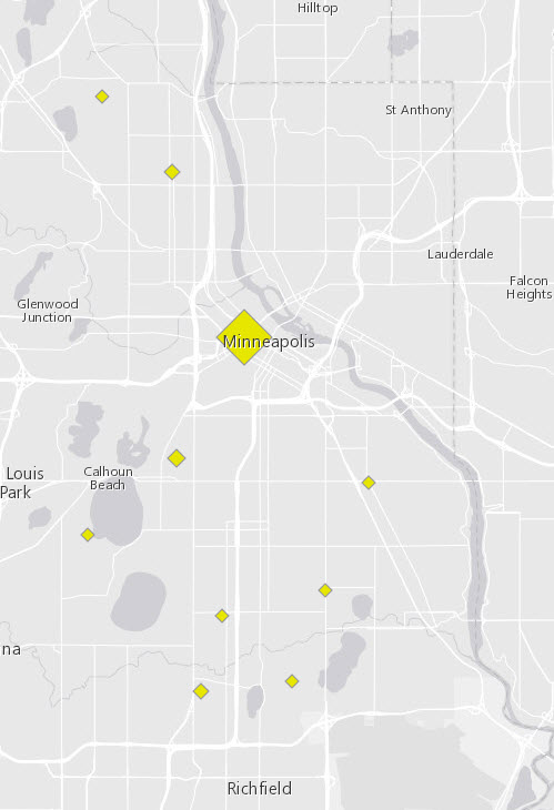 Minneapolis Police Stops layer with filtering applied for curfew violations only (the yellow diamond clusters).