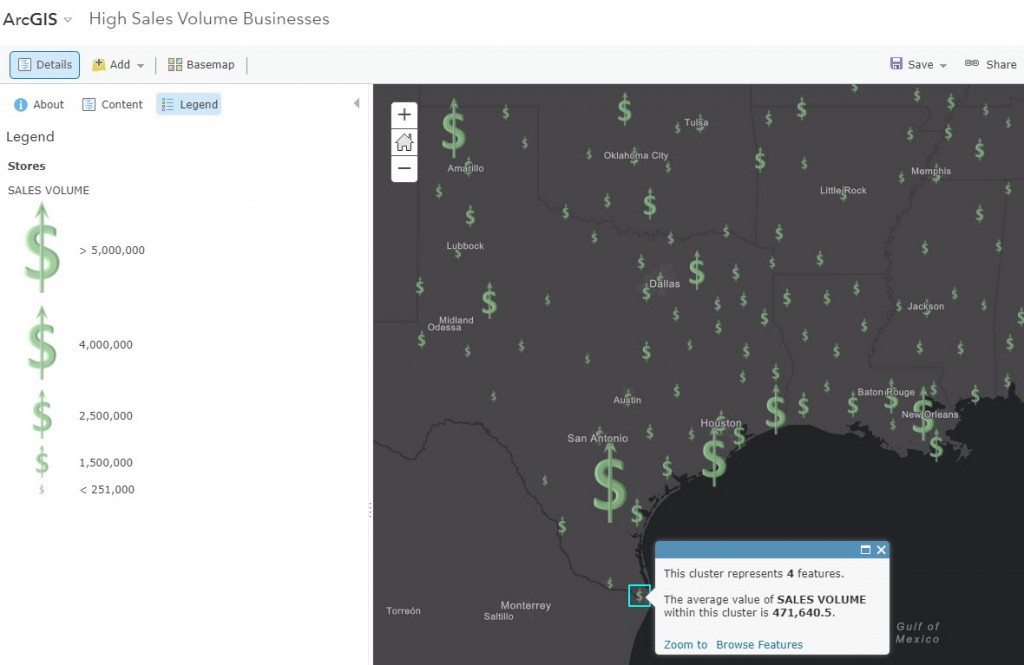 Map of sales volume that uses an image to symbolize sales volume and displays average sales volume in the pop-up for one feature in South TX.