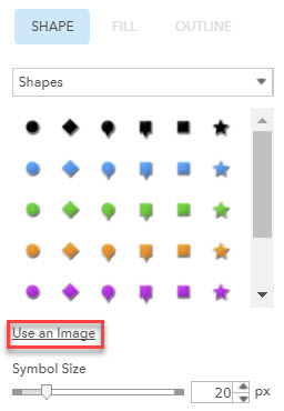 Uploading a small image to your ArcGIS Online content. A red box shows the “Use an Image” option within the Change Style menu.