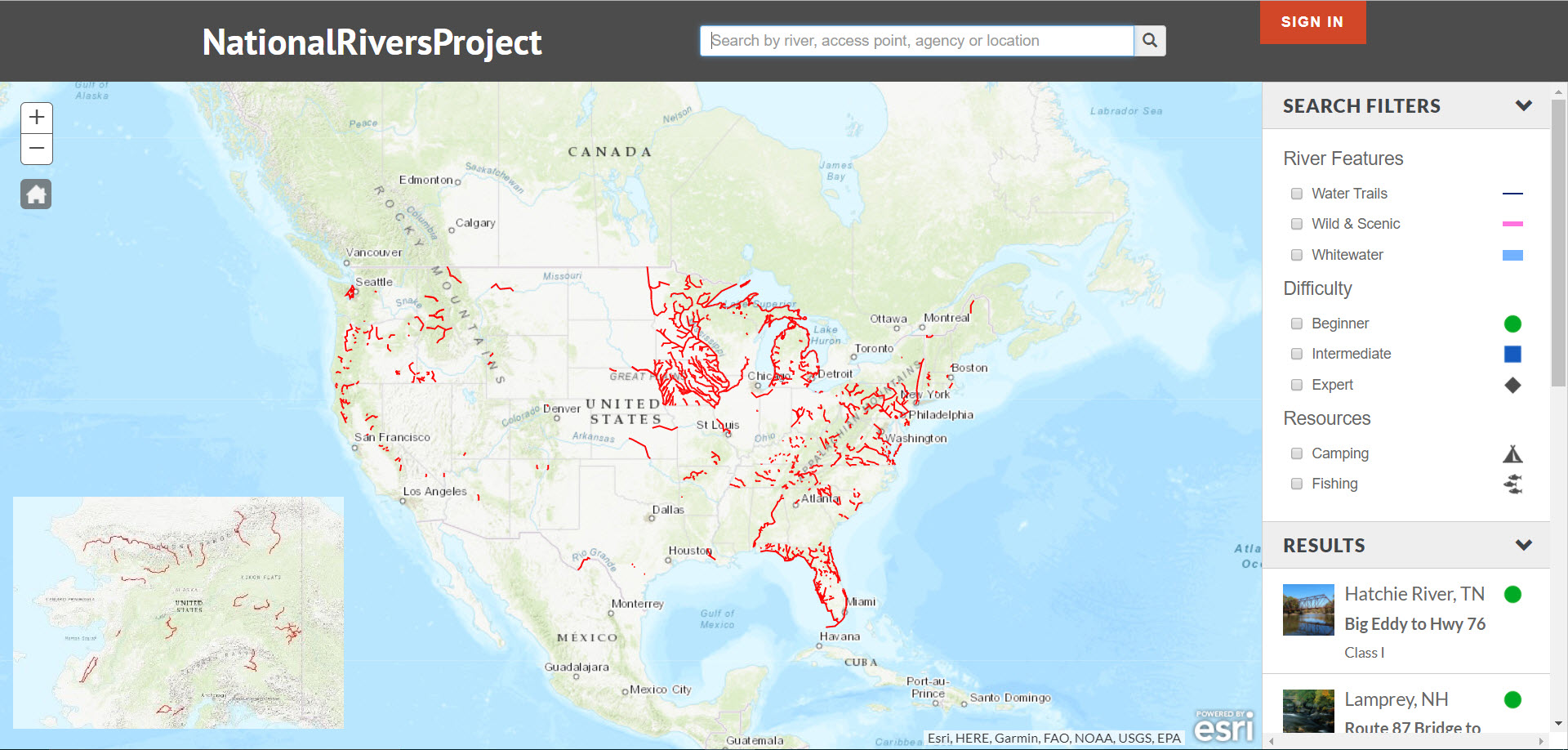 National Rivers Project Explorer page – screenshot showing all rivers in the National River Recreation Database