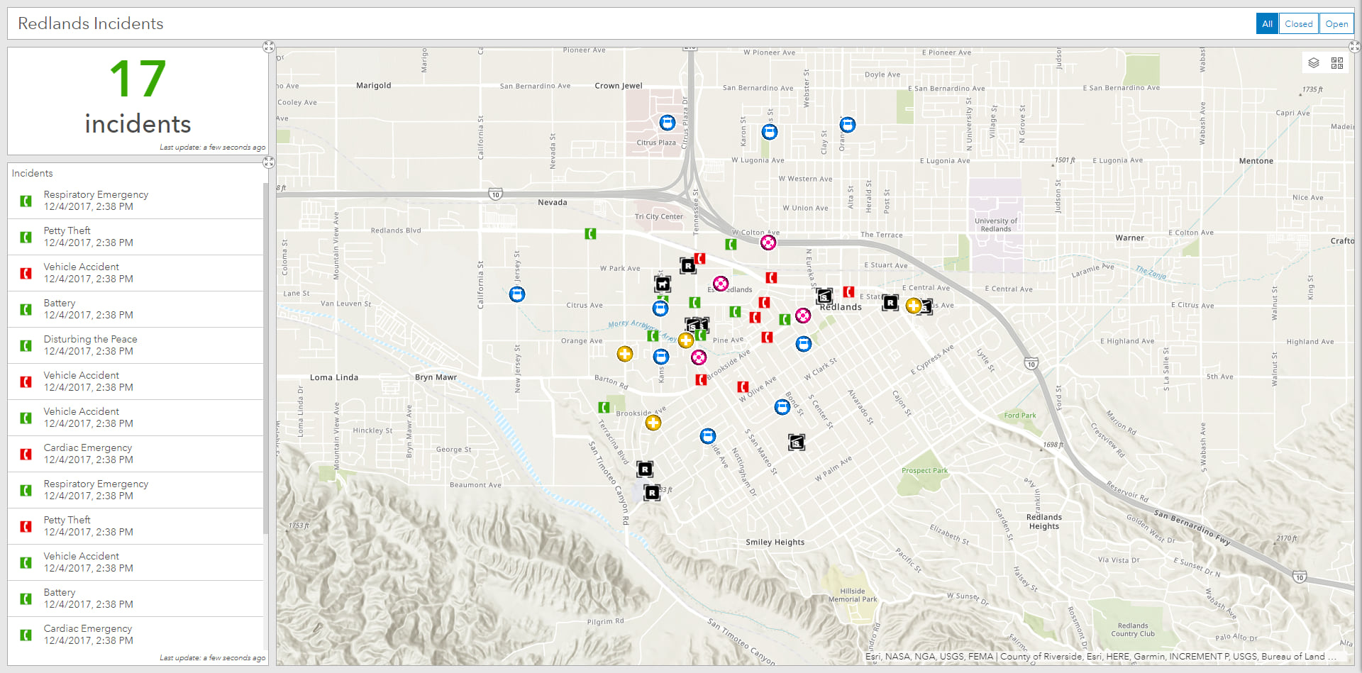 Redlands incidents dashboard