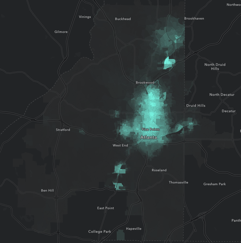 Census blocks in Atlanta showing number of jobs reachable within 30 minutes more than 90% of start times