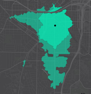 15-minute transit+walking Service Area, 10:08 AM