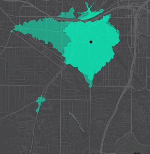 15-minute transit+walking Service Area, 10:09 AM